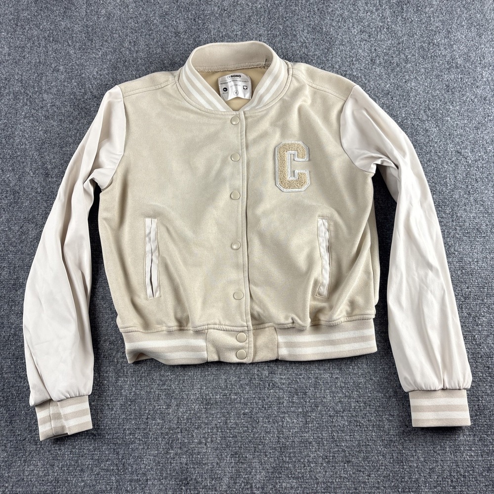 Ci Sono Faux Leather Varsity Jacket Women's Medium Cropped Tan Bomber